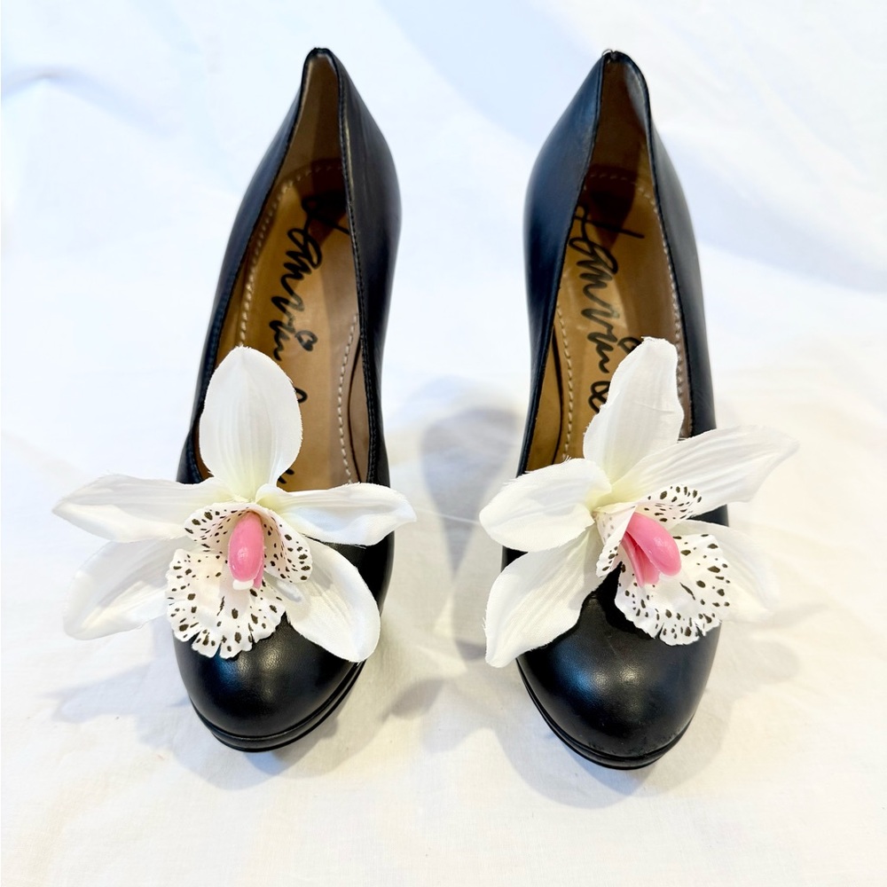 Up-cycled Lanvin Paris shoes heels black 39.5 orchid flower leather platform